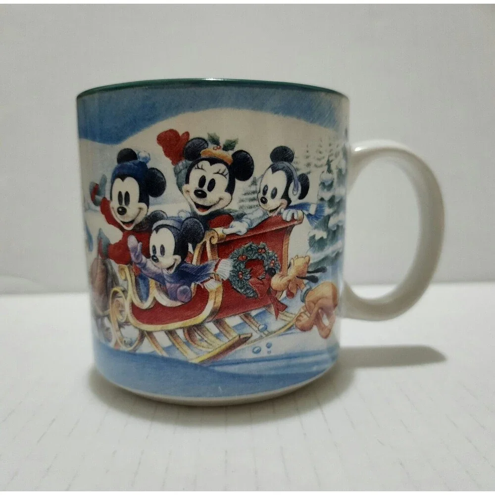 Vintage 1996 Disney Mickey's Winter Wonderland Ceramic Mug Blue White Red